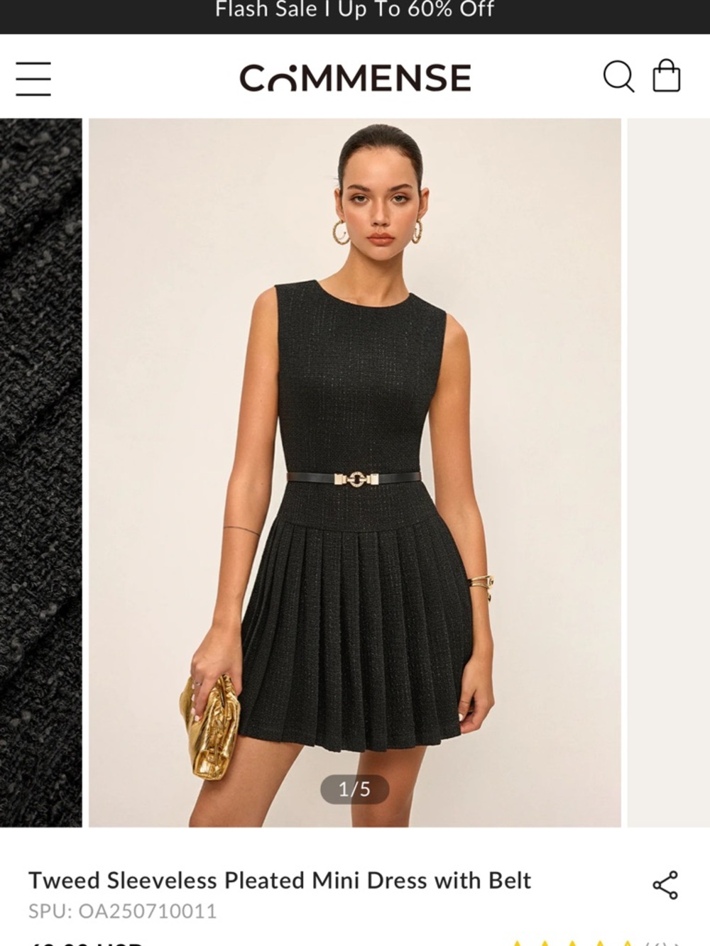 Commense Black Tweed Pleated Sleeveless Mini Dress with Belt Detail